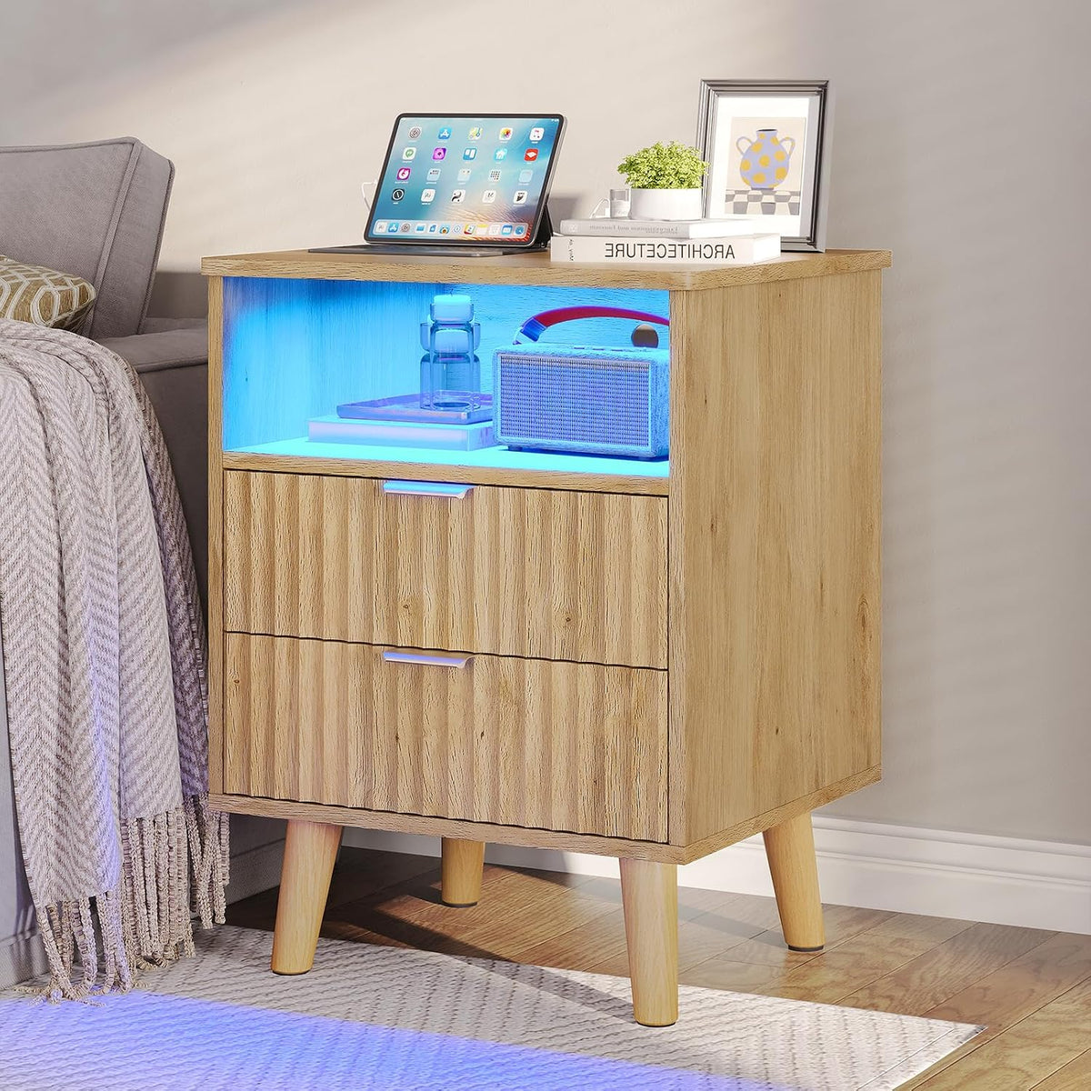 VIAGDO Fluted Nightstand with Charging Station and LED Lights, Modern Night Stand with 2 Drawers and Open Storage Cabinet, Bed Side Table with Gold Metal Handle for Bedroom, Natural Oak