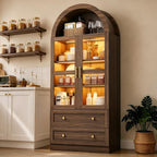 71" Tall Arched Kitchen Pantry Cabinet with LED Light, Modern Farmhouse Kitchen Storage Cabinet with 2 Large Drawers & Glass Doors, Versatile Cupboard for Living Room, Dining Room, Brown