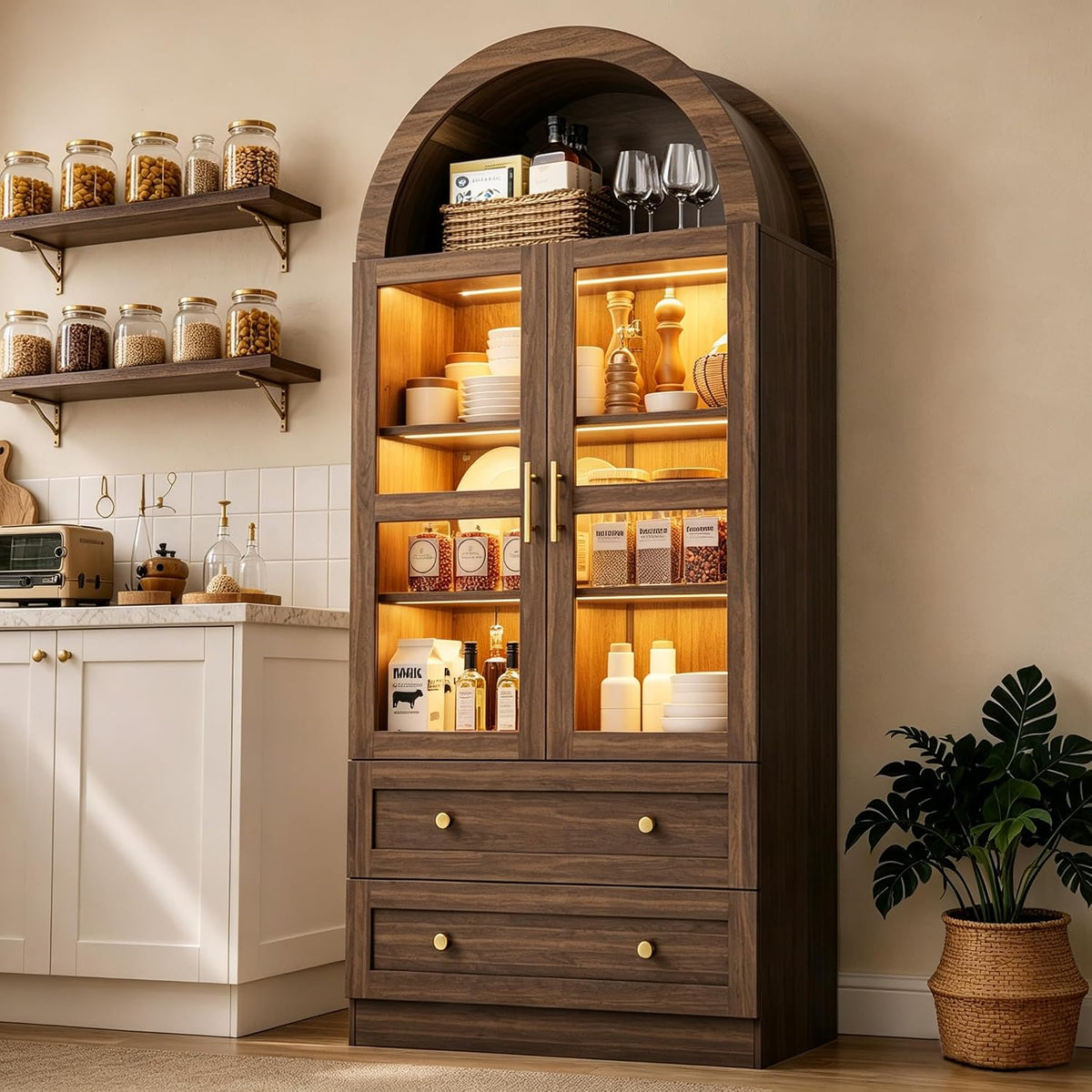 71" Tall Arched Kitchen Pantry Cabinet with LED Light, Modern Farmhouse Kitchen Storage Cabinet with 2 Large Drawers & Glass Doors, Versatile Cupboard for Living Room, Dining Room, Brown