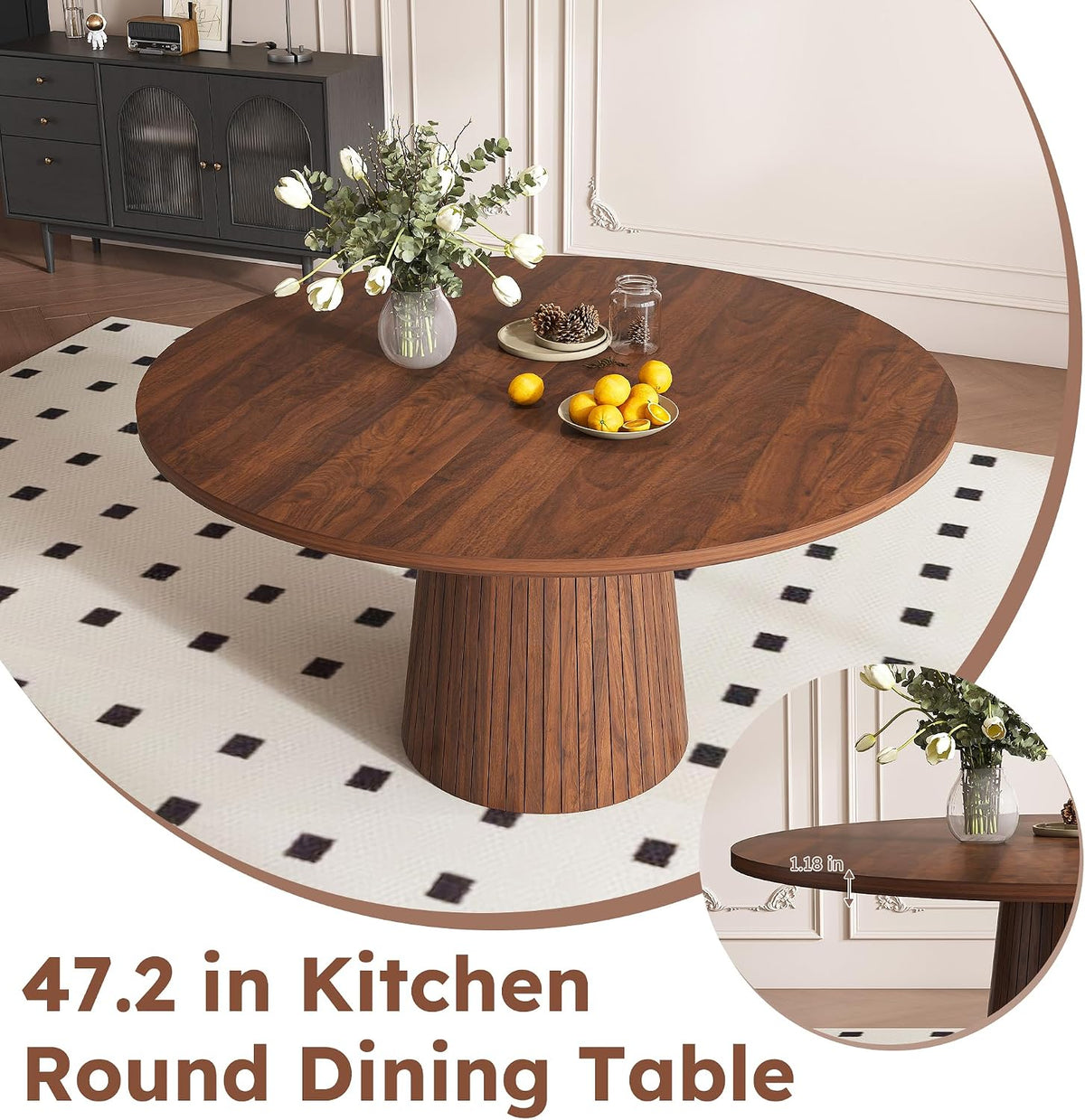 47" Round Dining Table for 4, Modern Farmhouse Kitchen Table with Wood Strip Base, Walnut Finish Circle Tables for Kitchen and Living Room Walnut