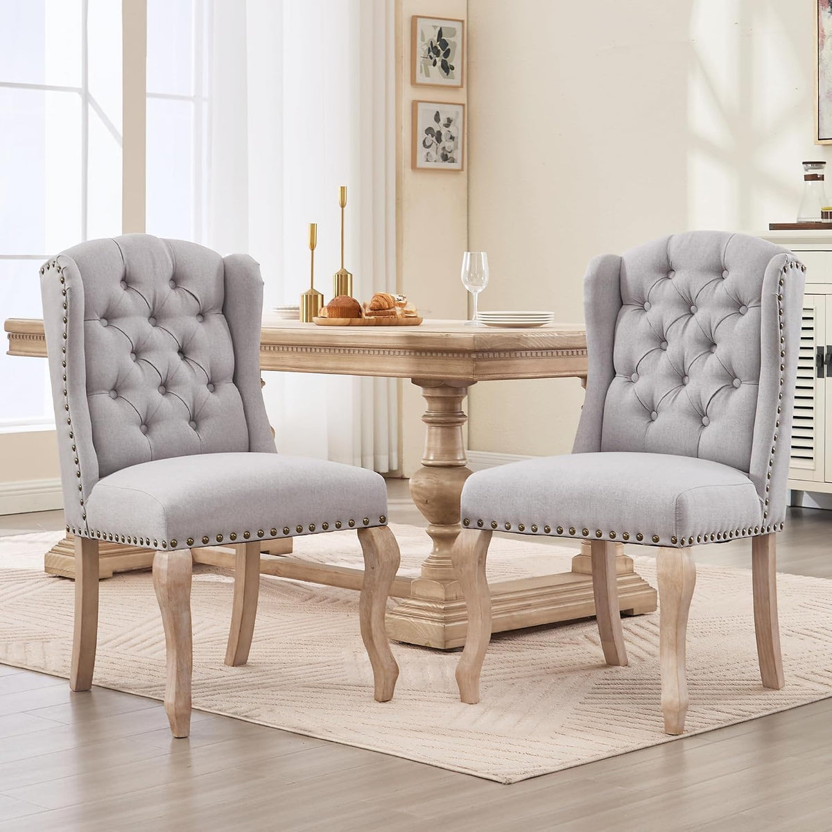 Parsons Dining Chairs Set of 2, Farmhouse High Back Chairs | Tufted Linen Upholstery, Solid Wood Legs, High Back for Kitchen & Dining Room,Grey