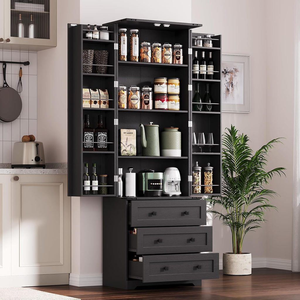 IDEALHOUSE Farmhouse Kitchen Pantry Cabinet - 72" Tall Large Wood Kitchen Storage Cabinets with Adjustable Shelves & 2 Barn Doors & 3 Drawer, Versatile Storage for Dining Room, Bathroom, Living Room