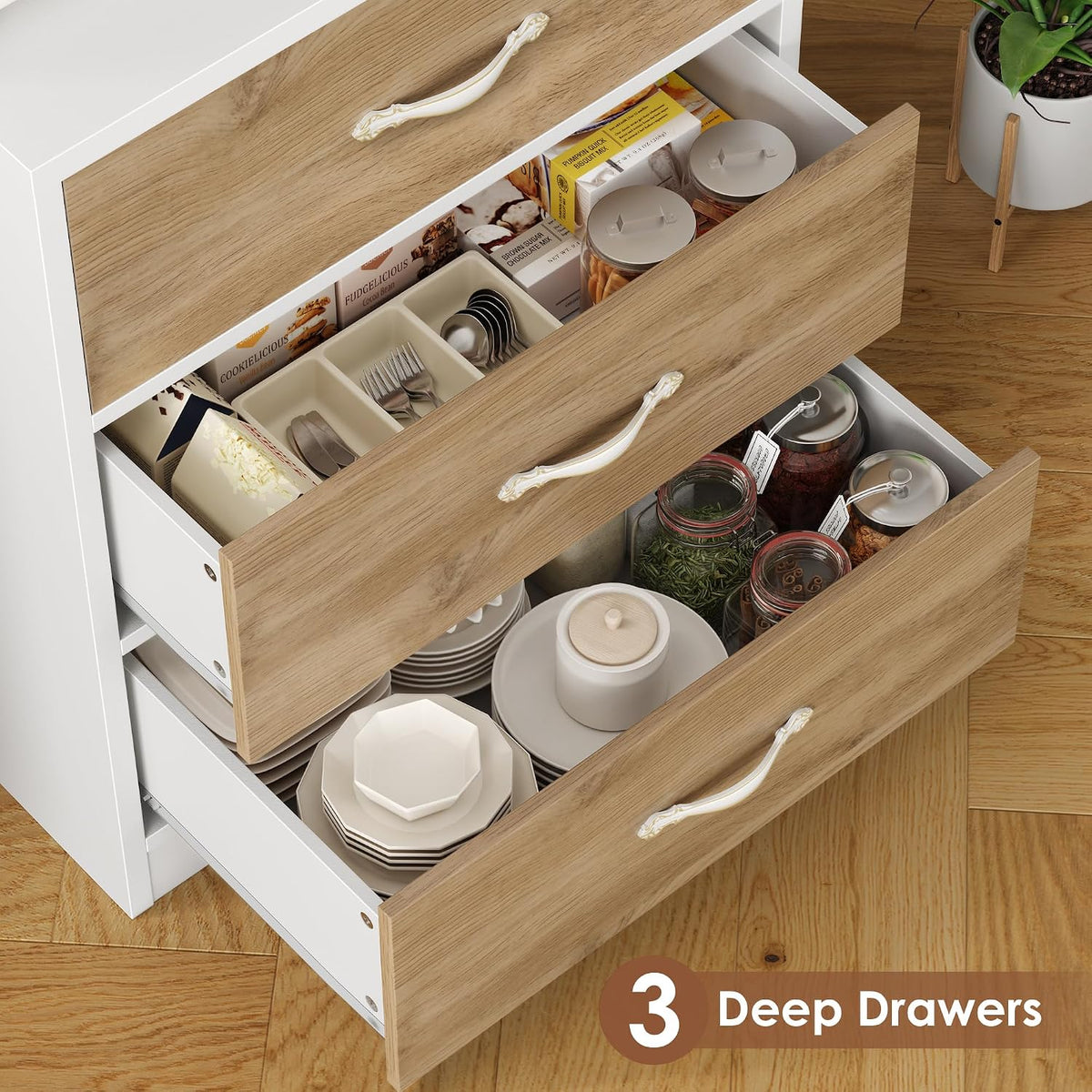 Keyluv 71“ Tall Kitchen Pantry Storage Cabinet with Microwave Stand, Buffet Kitchen Hutch with Shelves and Drawers, Wood Coffee Bar Pantry Cabinet with Glass Doors, for Dining Room/Small Space, Khaki