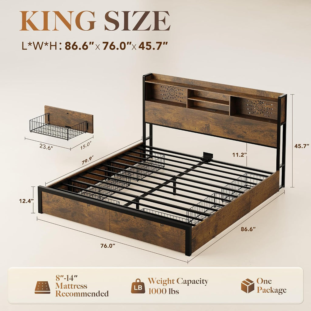 Belffin King Size Bed Frame with 6 Storage Drawers and Carving Headboard