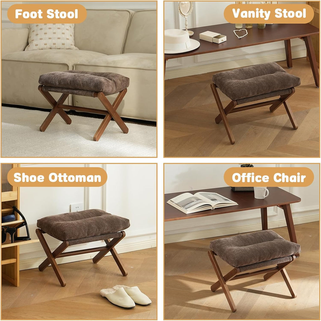 Baveke Ottoman Foot Rest- Bamboo Foldable Stool, Foot Stools Small Ottman with Upholstered & X Legs, Folding Stool for Makeup, Bedroom and Living Room, FSC-Certified (Small Brown)