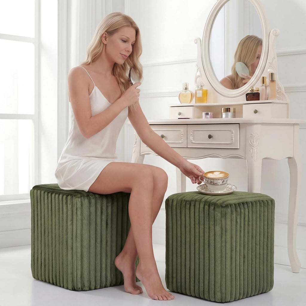Modern Square Vanity Stools, Small Striped Pattern Ottoman, Cute Velvet Foot Stool, Tufted Fabric Footrest, Upholstered Vanity Chair, Stool for Makeup, Bedroom, Living Room(2, Square-Dark Green)
