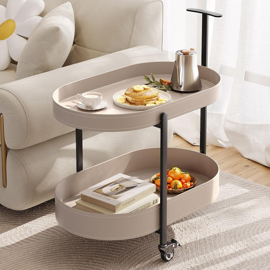 Guyii 2 Tiers Storage Rolling Cart 360 Rotating Side Table Modern End Table Living Room Table with Wheels Easy to Move for Living Room Bedroom Kichen Bathroom Pu Leather