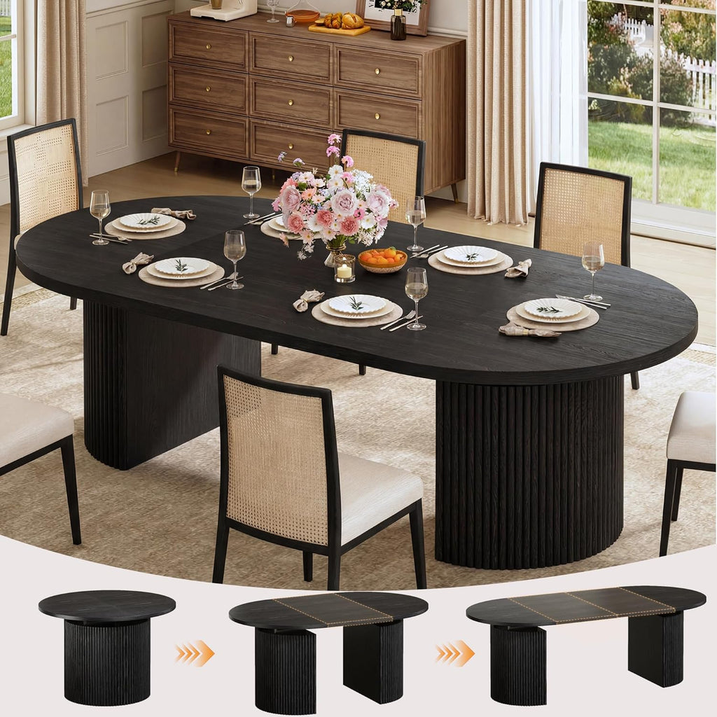 HUAHUU Extendable Round Dining Table for 4-8, 39in-77in Long Large Kitchen Table with Fluted Base, Space Saving Modern Farmhouse Oval Dinner Tables for Dining Room, Kitchen, Living Room, Natural