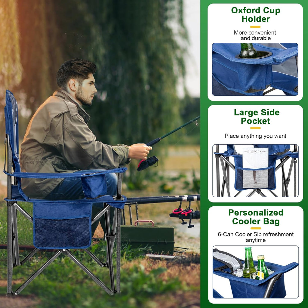 Oversized Padded High Back Camping Chairs,2 Pcs Heavy Duty Folding Chairs Support 500LBS with Cooler Bag,Cup Holder Cooler Bag, Collapsible Chairs for Outdoor, Tailgate, Fishing, Blue