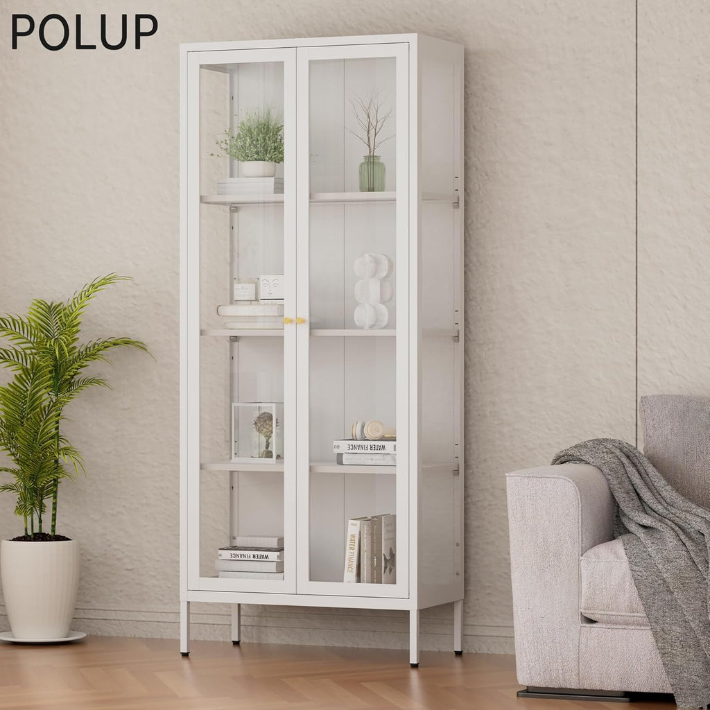 Polup Glass Display Cabinet with Glass Doors, White Curio Cabinet with 3 Side Tempered Glass, 66" Tall Bookcase Display Case for Collectibles, Metal Storage Cabinet for Living Room, Assemble Required
