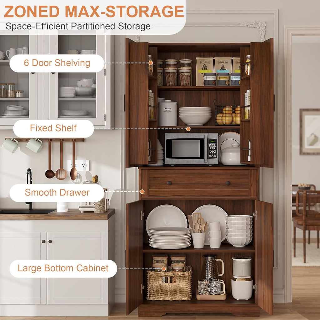 Garvee 71" Kitchen Pantry Cabinet, Barn Door Freestanding Cupboard with Drawer, Sliding Storage Rack, and 6 Hanging Shelves for Kitchen, Dining Room, Living Room Bedroom