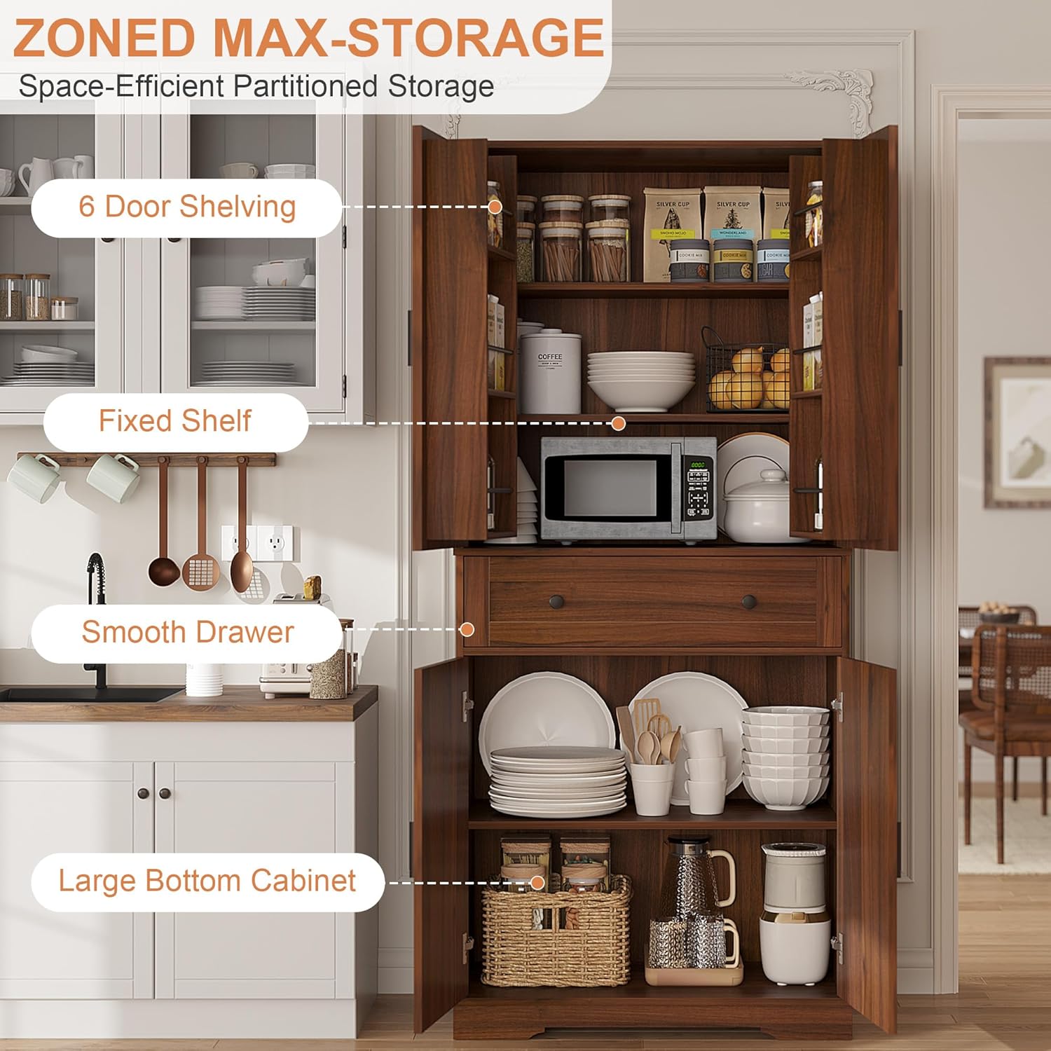 Garvee 71" Kitchen Pantry Cabinet, Barn Door Freestanding Cupboard with Drawer, Sliding Storage Rack, and 6 Hanging Shelves for Kitchen, Dining Room, Living Room Bedroom