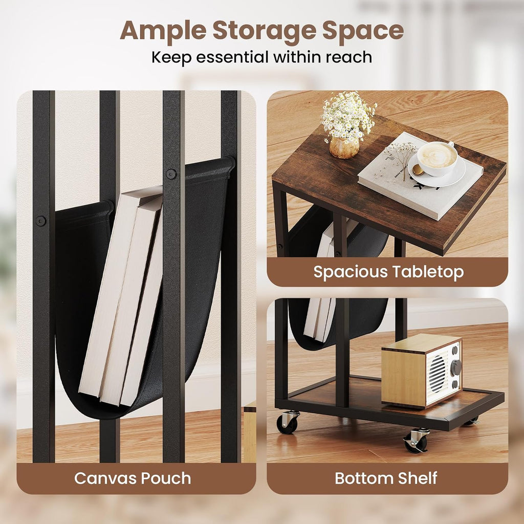 Tangkula Mobile C Shaped Side Table, 2 Tier Sofa Couch Table with Canvas Storage Pouch, Industrial End Table with Metal Frame & 360° Rolling Casters for Living Room, Bedroom