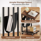 Tangkula Mobile C Shaped Side Table, 2 Tier Sofa Couch Table with Canvas Storage Pouch, Industrial End Table with Metal Frame & 360° Rolling Casters for Living Room, Bedroom