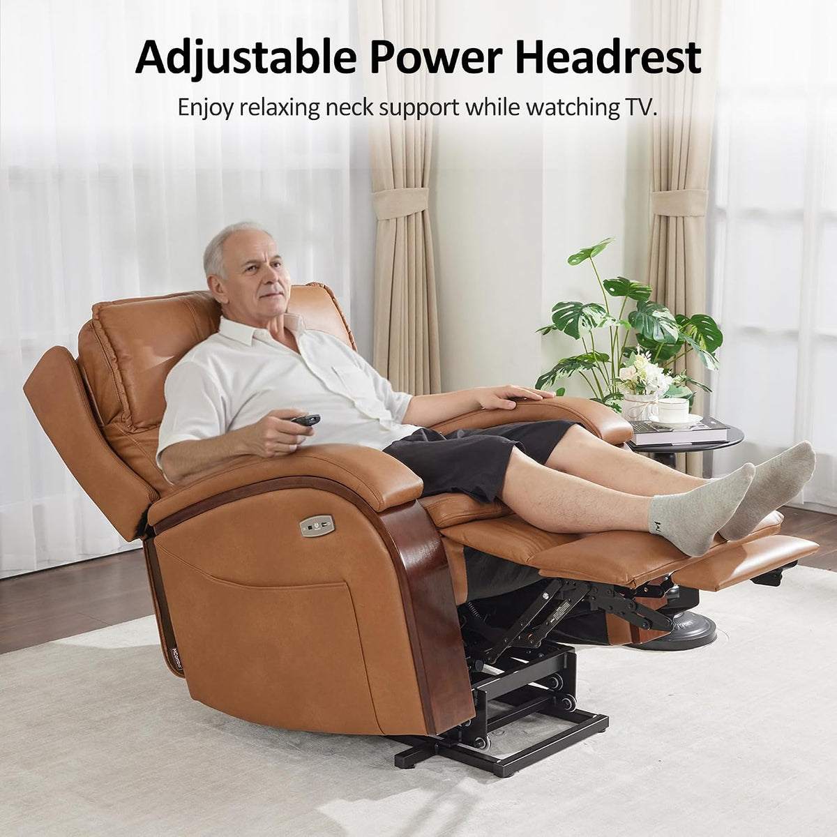 MCombo Power Lift Recliner Chair for Elderly with Power Headrest 7917 | Heat and Massage, Solid Wood Armrest, FSC Certified, USB&Type C Charging Port, Side Pockets, Faux Leather