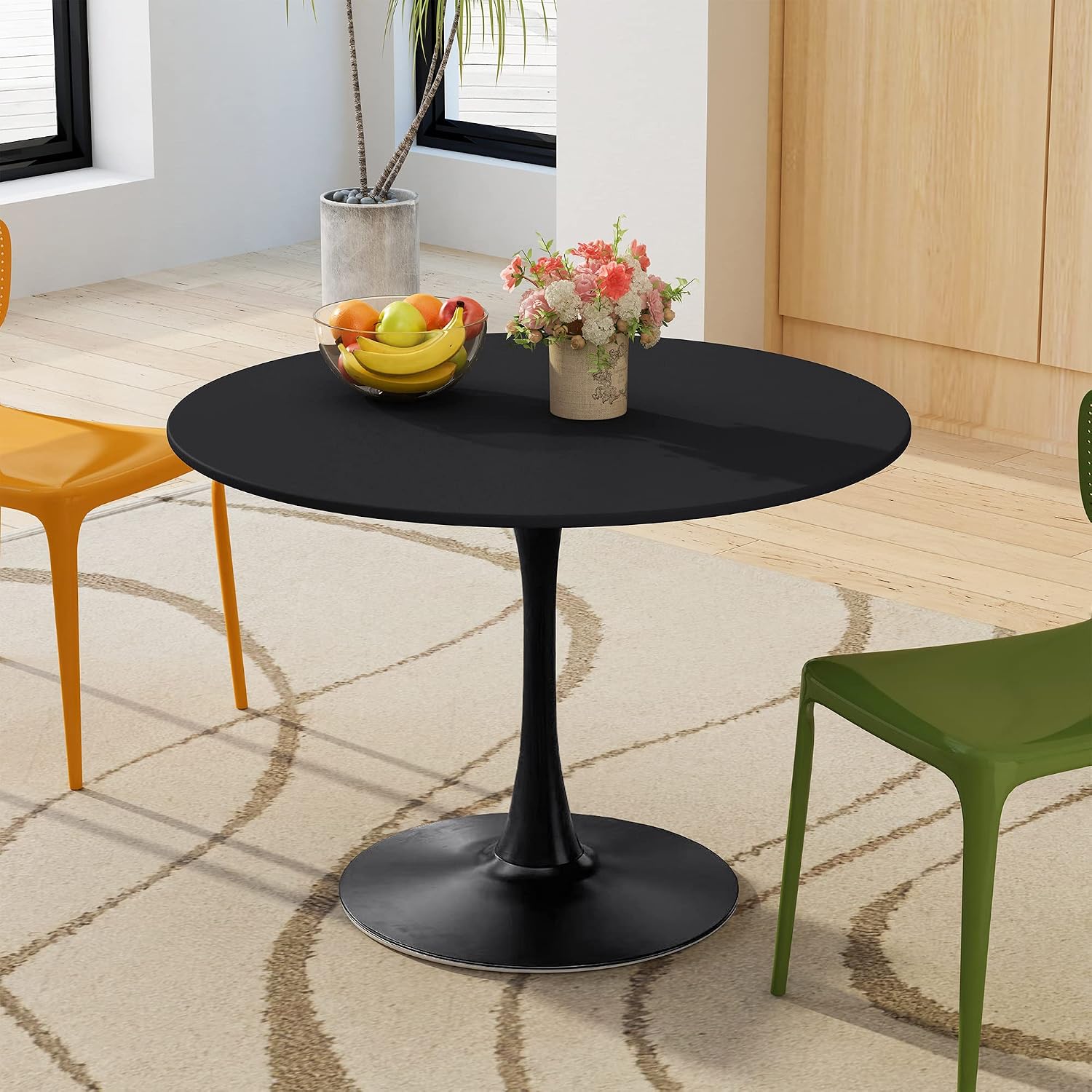 42" Tulip Table for 4-6 Persons Modern Round Dining Room Table, Mid-Century Modern Black Small Kitchen Table with MDF Wooden Top, Leisure Coffee Table for Living Room, Dining Room, Office