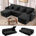 107'' Sectional Sleeper Sofa with Pull Out Bed, Storage Chaise, Adjustable Backrest, USB Charger, Cup Holder & Side Pocket, Fluffy Soft Corduroy U Shaped Couch for Living Room, Black