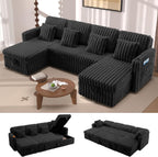 107'' Sectional Sleeper Sofa with Pull Out Bed, Storage Chaise, Adjustable Backrest, USB Charger, Cup Holder & Side Pocket, Fluffy Soft Corduroy U Shaped Couch for Living Room, Black