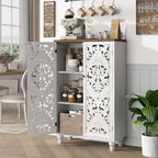 JOINICE 47" Tall Accent Cabinet with Carved Doors & Storage for Living Room | Vertical Storage, Carved Floral Design, Mandala White Buffet, Boho/Farmhouse/Rustic Style, Adjustable Shelves, Easy Assembly