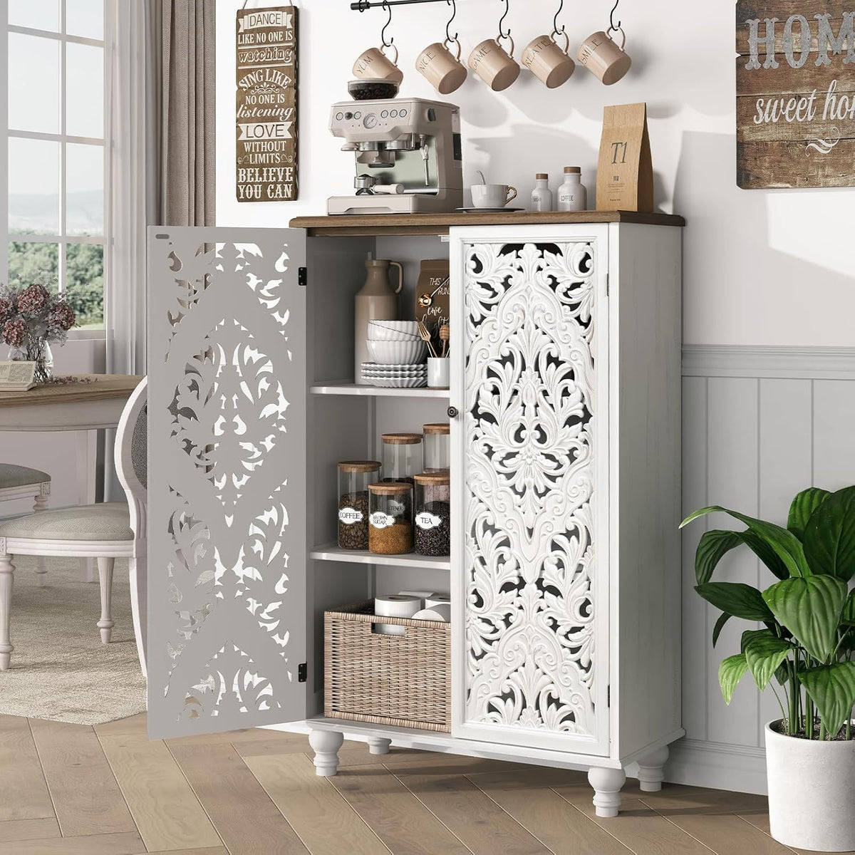 JOINICE 47" Tall Accent Cabinet with Carved Doors & Storage for Living Room | Vertical Storage, Carved Floral Design, Mandala White Buffet, Boho/Farmhouse/Rustic Style, Adjustable Shelves, Easy Assembly