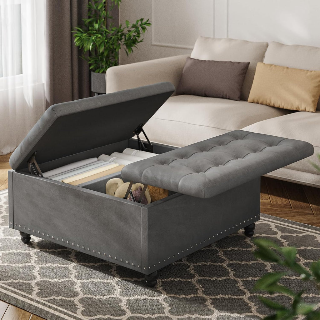 FUXA 35" Large Square Ottoman with Storage and Lift Top, Wood Legs, Gray | Oversized Coffee Table, Tufted Upholstered Bench, Sturdy Construction, for Living Room