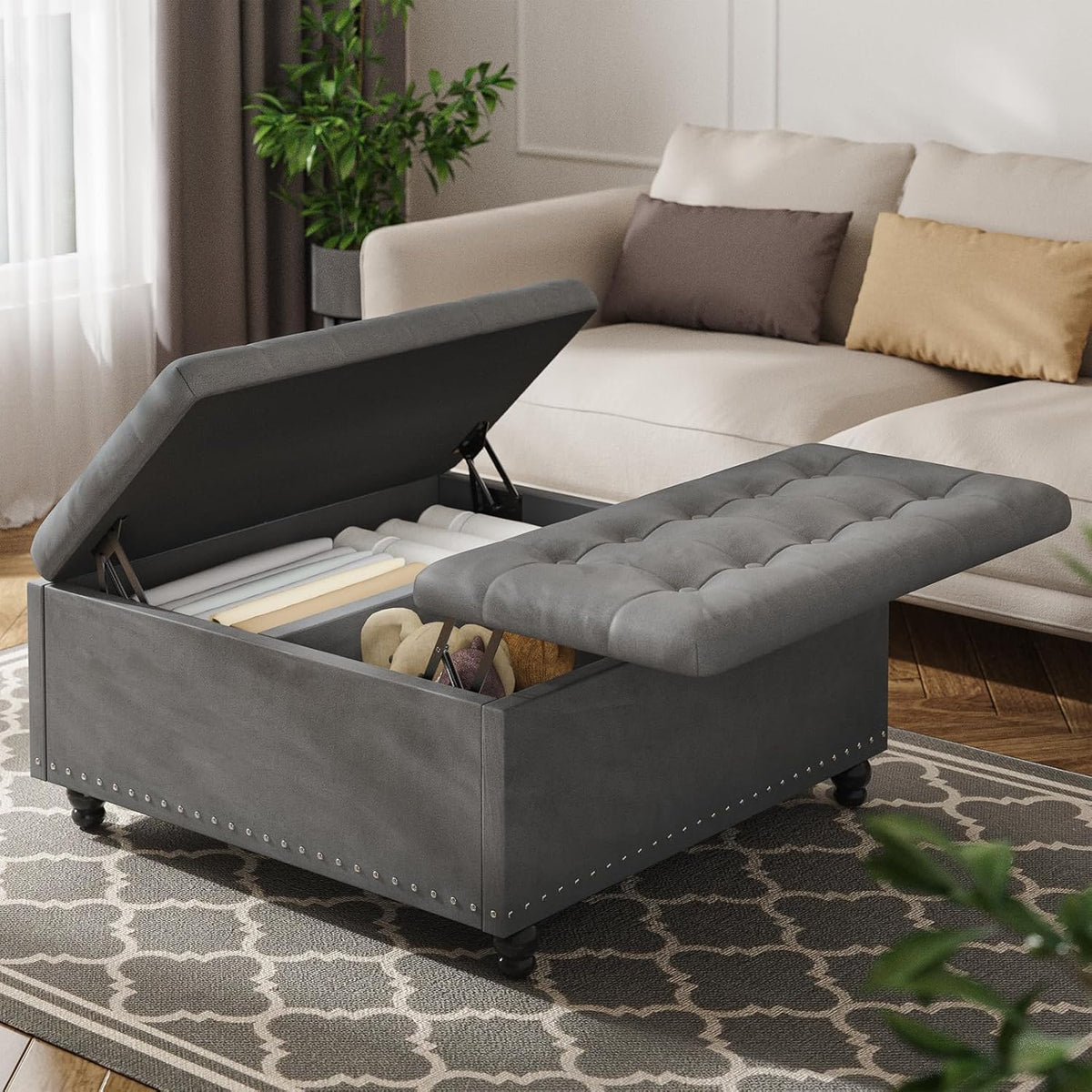 FUXA 35" Large Square Ottoman with Storage and Lift Top, Wood Legs, Gray | Oversized Coffee Table, Tufted Upholstered Bench, Sturdy Construction, for Living Room