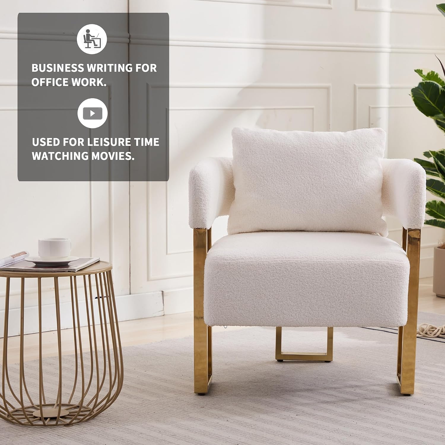 YITAI Modern Accent Chairs no Wheels, Living Room Side Chairs Set of 2 with Golden Metal Legs, Barrel Soft Teddyt Upholstered Reading Armchairs for OfficeReception RoomBedroomLounge,White