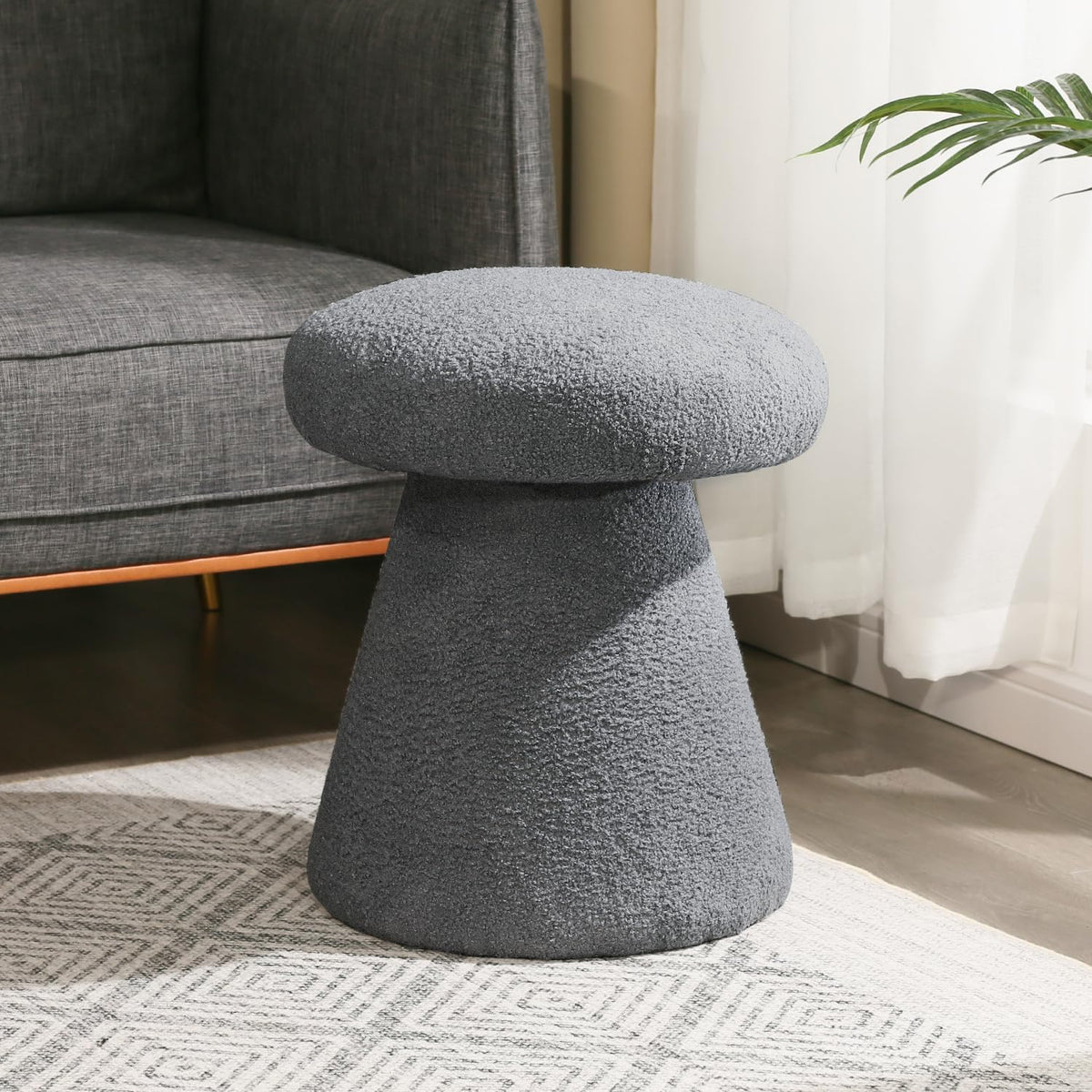 Mushroom Ottoman, 18” Boucle Foot Stool for Living Room & Bedroom, Cute Vanity Stool, Accent Footrest for Entryway, No Assembly Required, Gray