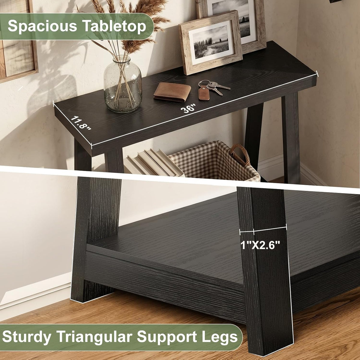36" Narrow Console Table - 500lb Capacity 2-Tier Entryway Table, 2.6" Thick Top, Easy Clean & 15-Min Assembly, Sofa Table for Small Spaces