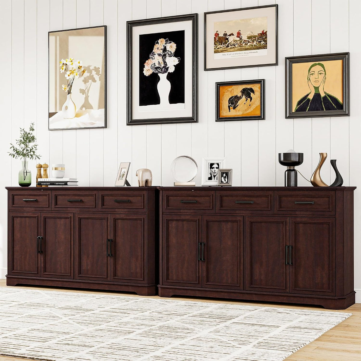 Farmhouse Sideboard Buffet Cabinet Set of 2 Wooden Credenza Storage Cabinet with 3 Drawers & 4 Panel Doors Rustic Wood Top Easy Glide Drawers for Dining Room Living Room,Dark Brown