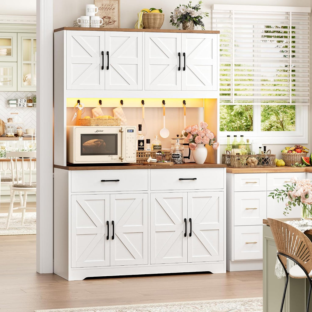 HIFIT 71" LED Pantry Cabinet with Charging Station, Tall Coffee Bar Cabinet | Farmhouse Kitchen Hutch Cabinet with Storage, Large Countertop, 7 Metal Cup Hooks, White