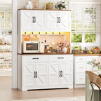 HIFIT 71" LED Pantry Cabinet with Charging Station, Tall Coffee Bar Cabinet | Farmhouse Kitchen Hutch Cabinet with Storage, Large Countertop, 7 Metal Cup Hooks, White
