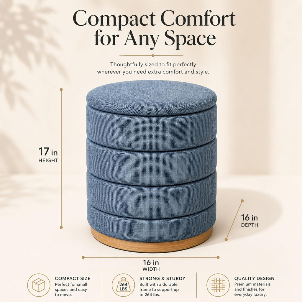 Linen Storage Ottoman Round Footrest with Hidden Storage, Light Blue 16" L X16 W X 17" H