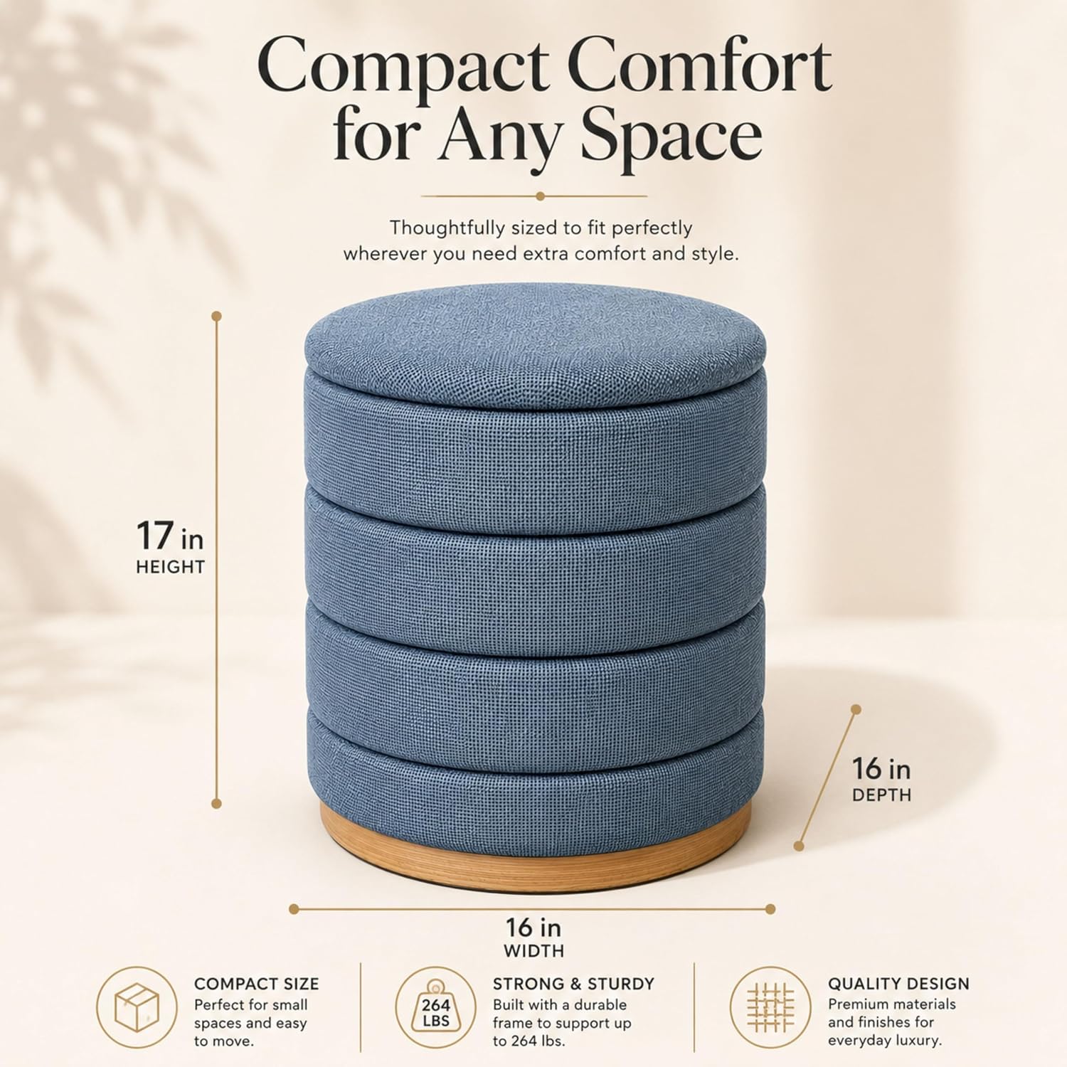 Linen Storage Ottoman Round Footrest with Hidden Storage, Light Blue 16" L X16 W X 17" H