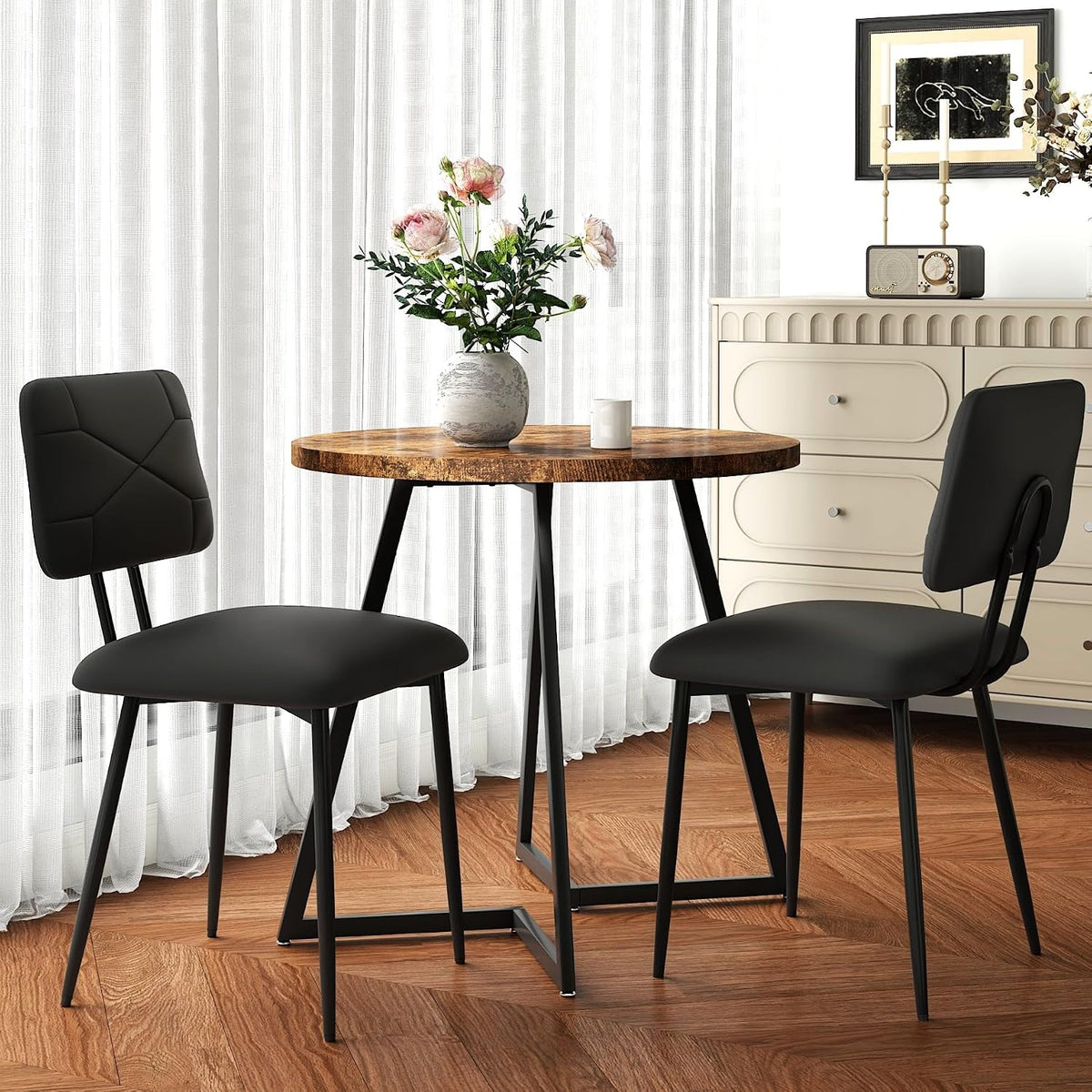 VECELO Dining Chairs Set of 2, Modern Upholstered Kitchen Chairs with Faux Leather Cushion Seat & Metal Legs for Kitchen, Living Room, Tufted Backrest Design, Black