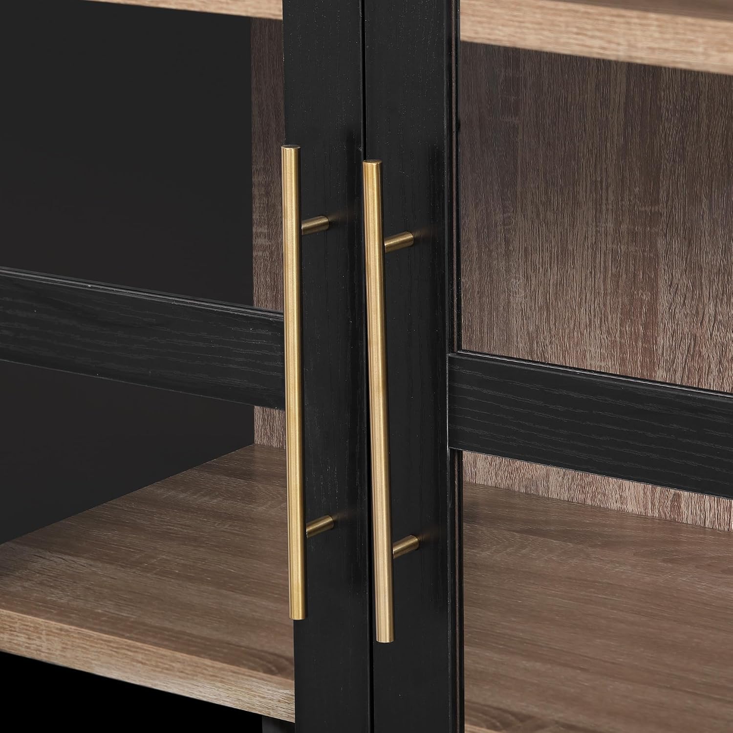 71" Tall Arched Kitchen Pantry with Glass Doors and 2 Large Drawers, Farmhouse Kitchen Storage Cabinet with Adjustable Shelves, Wood Versatile Cupboard for Dining Room (Black-3.12)