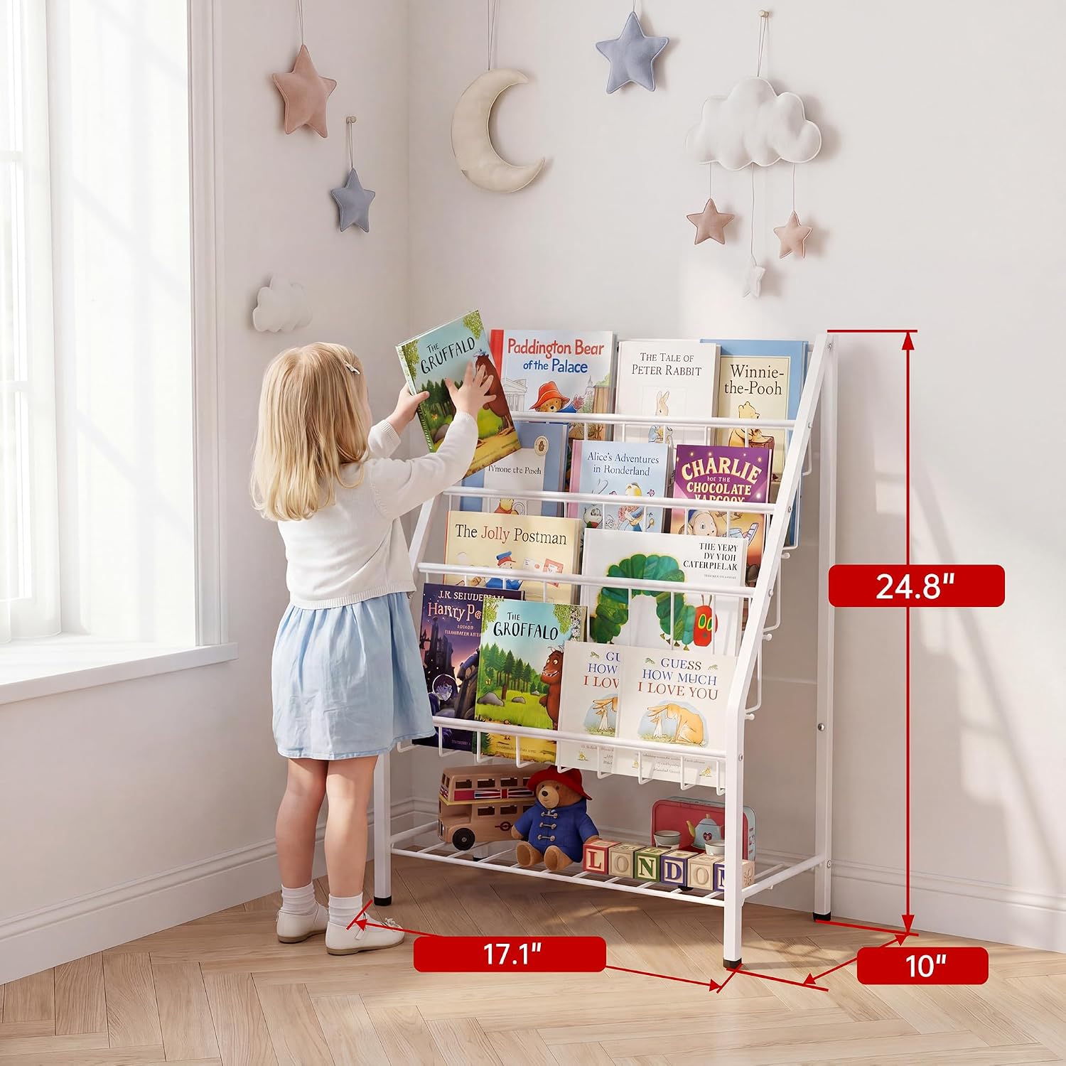 JAQ Kids Bookshelf for Toddlers, 4-Tier Toddler Bookshelf, Forward Facing Kids Book Shelf, Metal Book Display Shelf for Nursery, Playroom & Classroom, Sling Bookshelf for Small Spaces, White, 24.8"