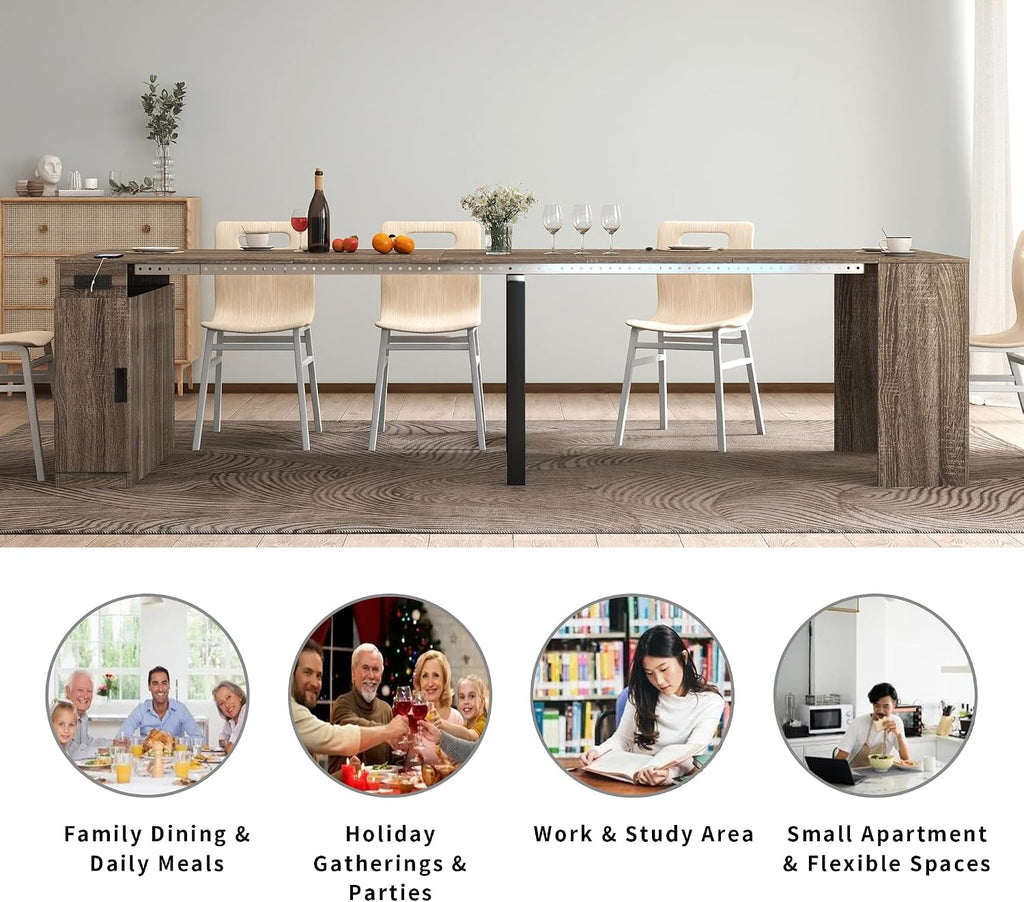 Extendable Dining Table with Built-in Power Outlet, 118” Expandable Dining Table for 11, Storage Cabinet Console Table, Modern Dining Room Furniture Gray