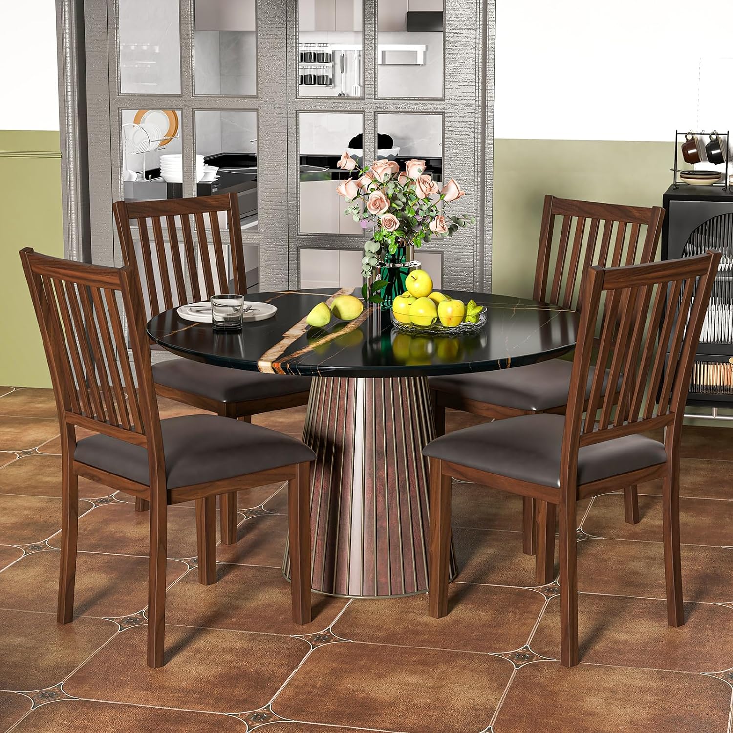Giantex Wooden Dining Chairs Set of 4, Upholstered Kitchen Chairs w/Slat Back, Wear-Resistant PVC Leather, Rubber Wood Legs, Farmhouse Dining Side Chairs for Dining Room, Living Room, Espresso