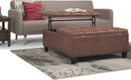 SIMPLIHOME Harrison 36" Wide Vegan Leather Lift Top Ottoman in Saddle Brown | Distressed saddle brown, transitional lift-top ottoman with hidden storage for living room; square footstool or coffee table.