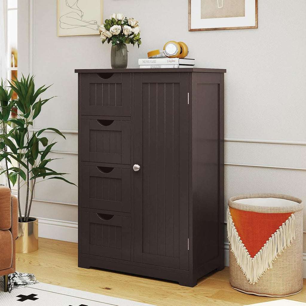 GLACER Bathroom Floor Cabinet, Multifunctional Storage Cabinet (Brown) | Wooden Side Storage Organizer | 4 Drawers & 1 Door | For Laundry Room, Living Room or Kitchen
