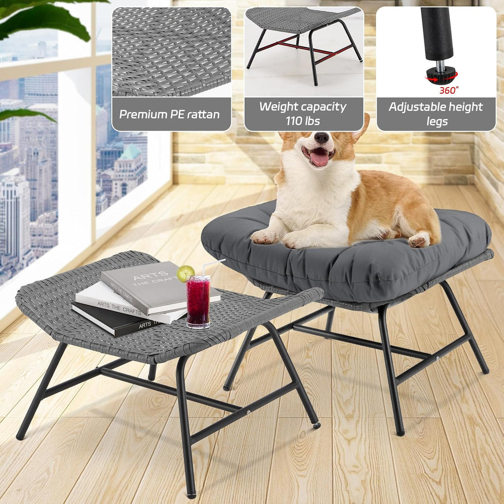 BULEXYARD 2 Pieces Outdoor Patio Ottomans, Multipurpose All Weather PE Rattan Ottoman Set, Indoor Outdoor Wicker Footrest with Removable Thicken Padded Cushions (Grey)