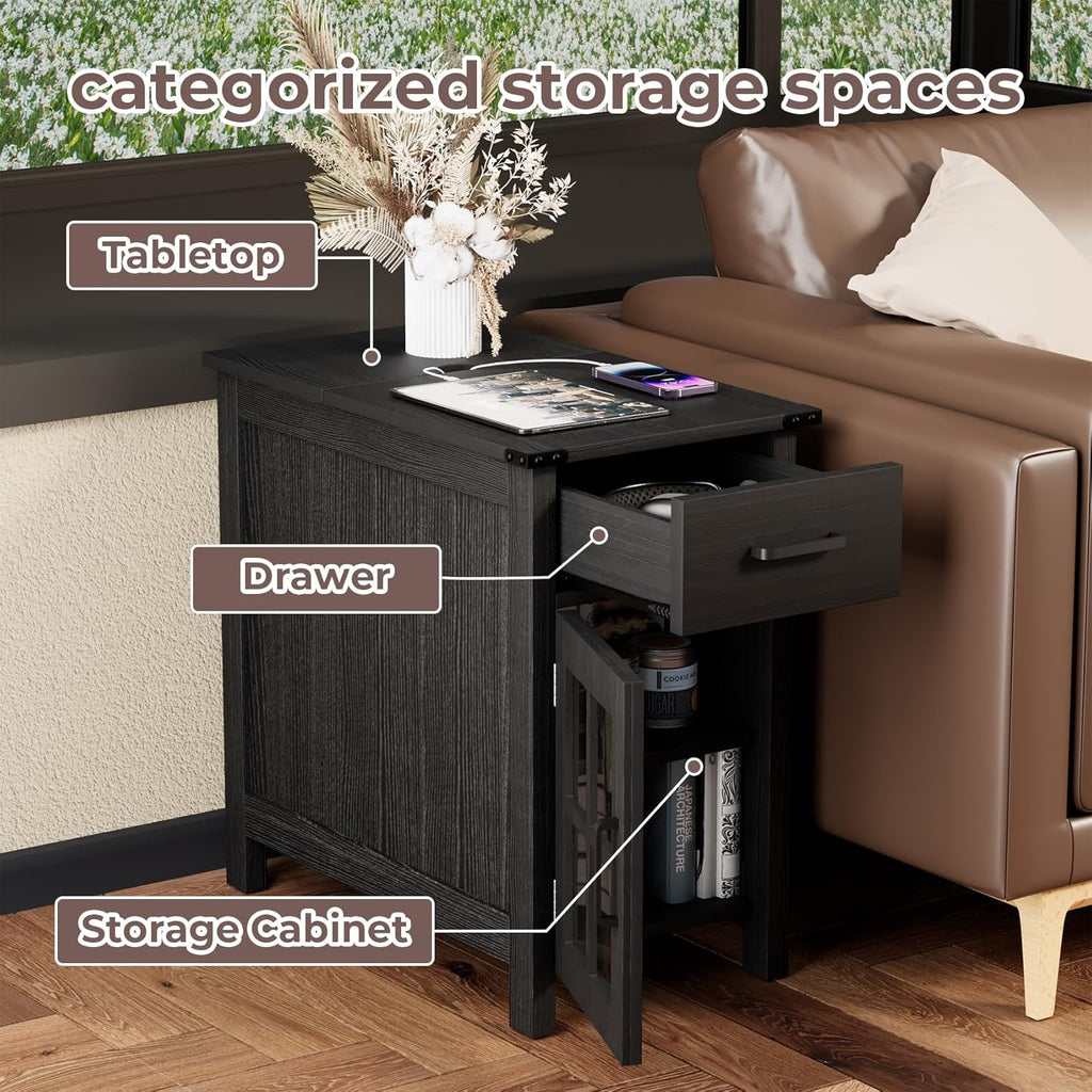 Farmhouse End Table with Charging Station, Narrow Side Table for Living Room, Sofa Side Table with Drawer and Storage Cabinet, Small Nightstand for Bedroom, Home Office