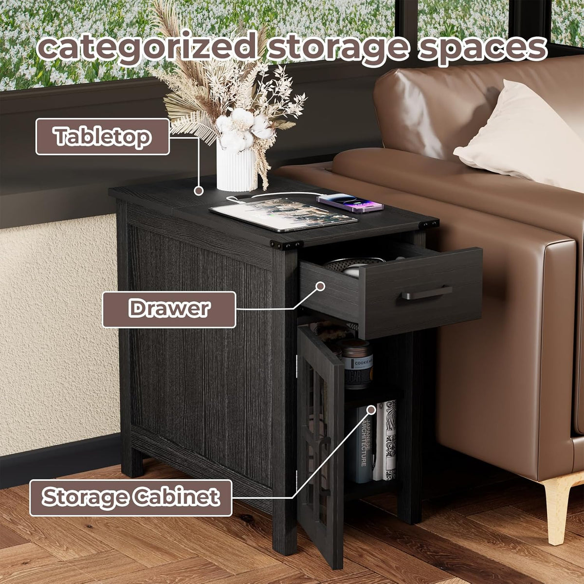 Farmhouse End Table with Charging Station, Narrow Side Table for Living Room, Sofa Side Table with Drawer and Storage Cabinet, Small Nightstand for Bedroom, Home Office