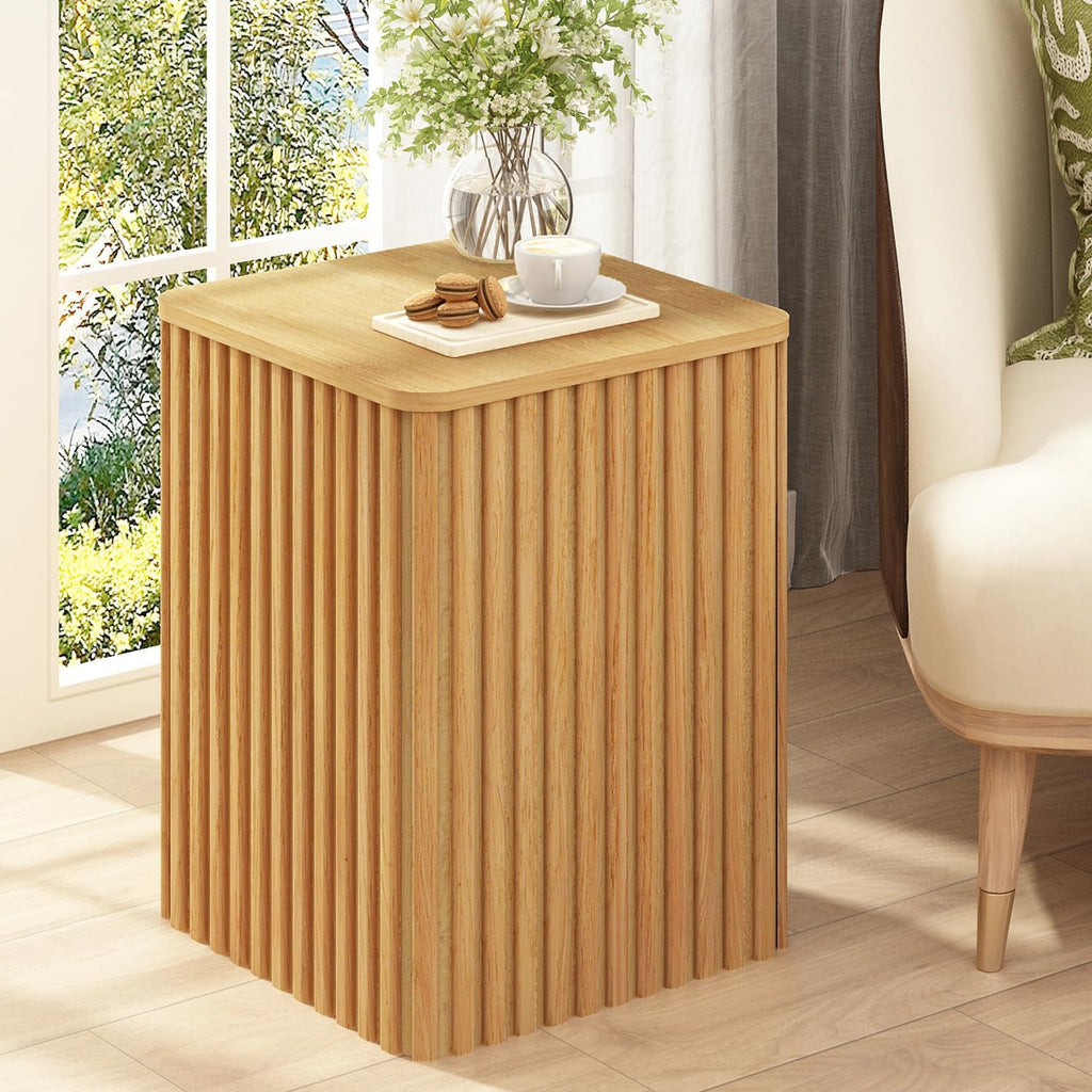 HOKYHOKY Fluted Side Table with Storage – Small Square End Table with Solid Wood Veneer Top, Modern Farmhouse Pedestal Drink Table for Living Room, Couch, Sofa – Natural