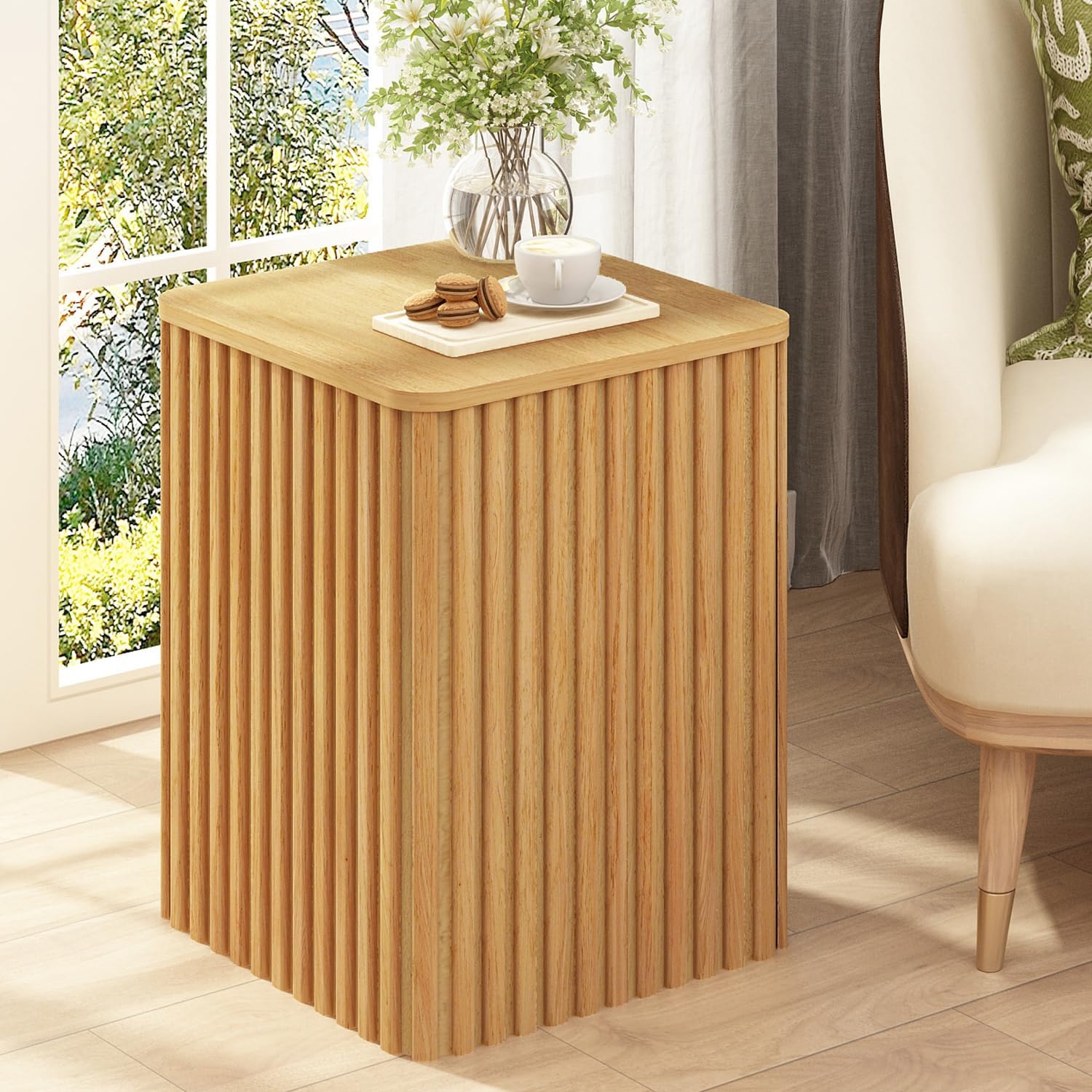 HOKYHOKY Fluted Side Table with Storage – Small Square End Table with Solid Wood Veneer Top, Modern Farmhouse Pedestal Drink Table for Living Room, Couch, Sofa – Natural