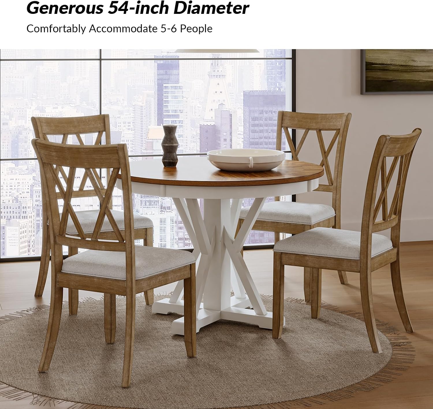 HULALA HOME Round Dining Table for 4, 42" Rustic Farmhouse Pedestal Table with White Brushed Finish, Solid Rubberwood Base(White)
