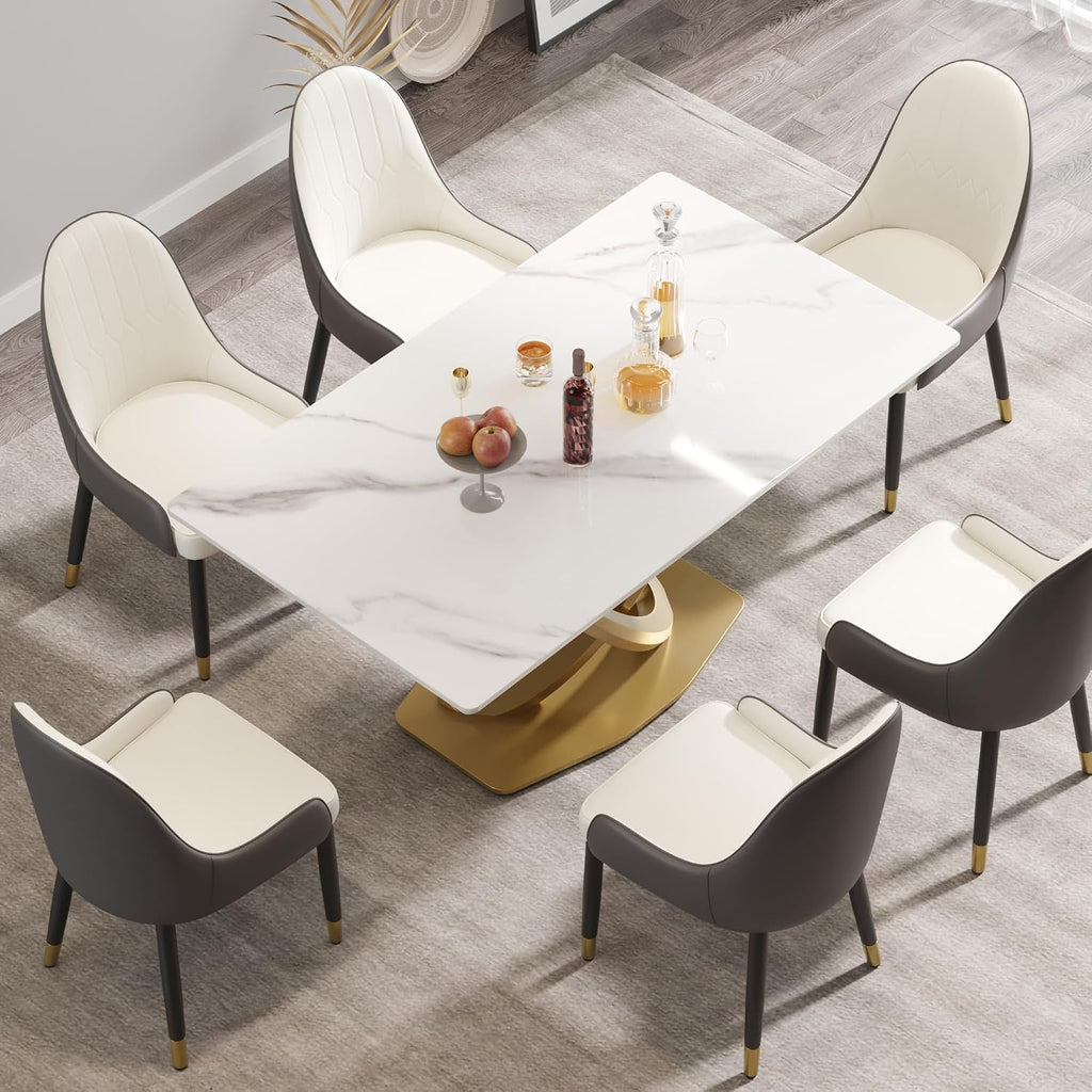 Montary Artificial Marble Dining Table, Modern 63”Sintered Stone Dining Table for 4-6 Seat, White Rectangle Dining Room Table with Gold Double-Ring Stainless Steel Base (Only Table)