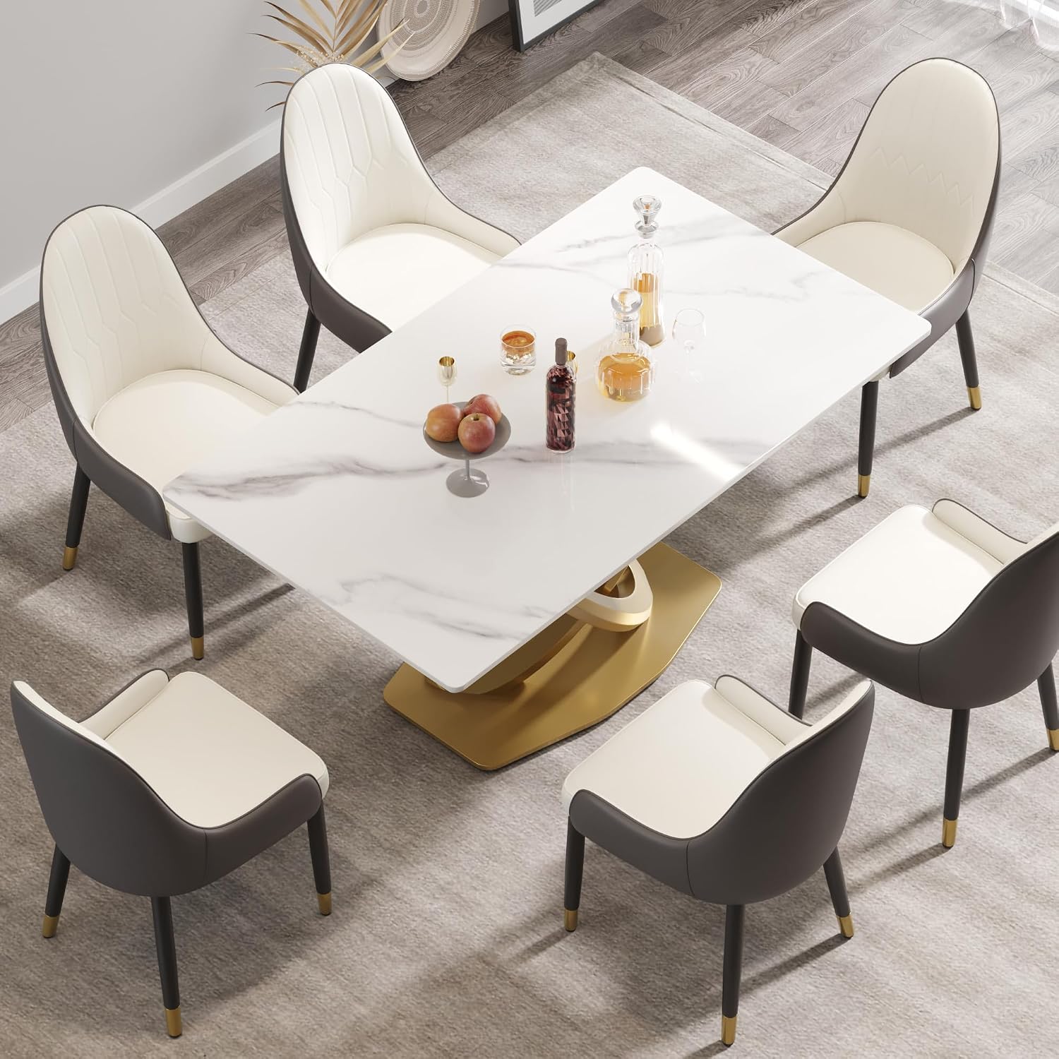 Montary Artificial Marble Dining Table, Modern 63”Sintered Stone Dining Table for 4-6 Seat, White Rectangle Dining Room Table with Gold Double-Ring Stainless Steel Base (Only Table)
