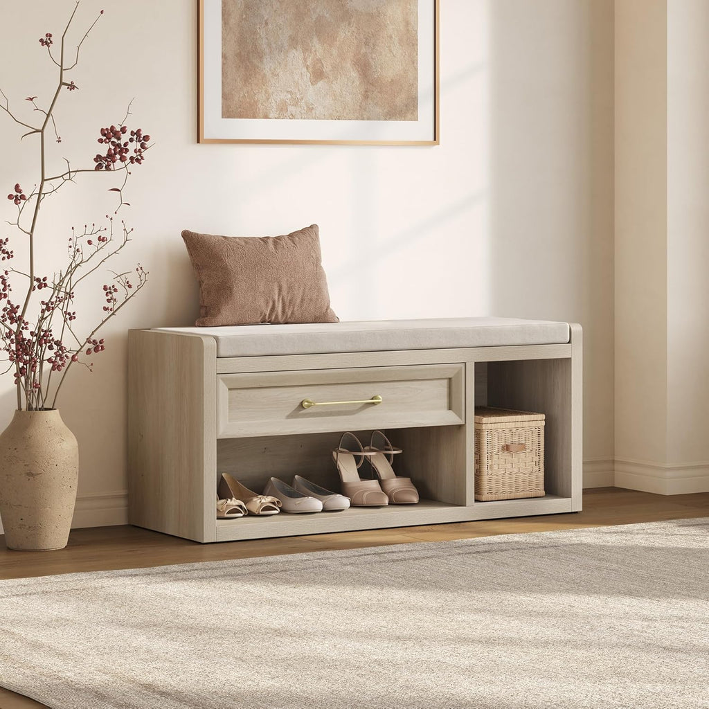 SICOTAS Shoe Bench with Storage, Farmhouse 43.3" Extra Wide Entryway Bench with Cushion, Drawer & Tall Boot Shelf, 18.9" Comfort Height Seat, Large Shoe Organizer for Hallway Bedroom, Grey White Oak